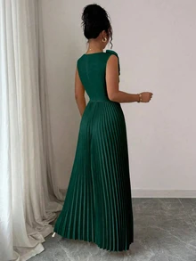 SHEIN Tall Tall V-Neck 3D Floral Dark Green Elegant Vintage Casual Cute Pleated Dress For Party And Gathering - Dark Green - View 2