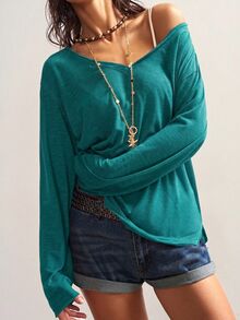 Bohemela Plus Size Women's Solid Color V-Neck Drop Shoulder Long Sleeve Casual Loose Fit T-Shirt - Green - View 5
