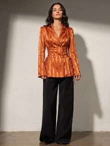 Aveloria Modichic 女款修身緞面提花雙排扣抽繩墊肩現代風焦橙色條紋優雅時尚西裝外套上衣 感恩節 - 黃色 - 查看 6