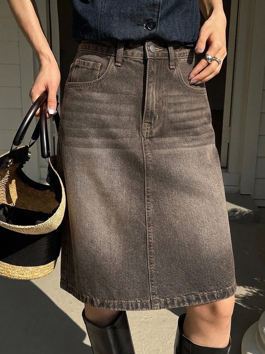 DAZY Women's Regular Mid-Waist A-Line 5-Inch Denim Skirt, Casual Elegant Everyday Skirt - Brown - View 1