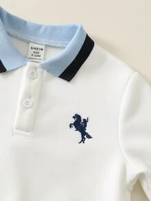 SHEIN 男嬰幼兒 3 件組秋冬保暖內裡加厚休閒學院風 POLO 套裝，衛衣套裝，含腰帶，嬰兒冬季套裝，聖誕 - 藍色 - 查看 3
