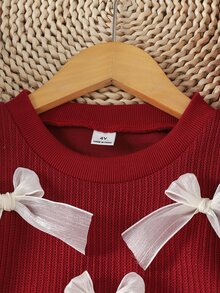 SHEIN Playful Pals 女童甜美優雅公主風波浪裙，酒紅配白色羅紋蝴蝶結網紗拼接長袖圓領常規款，生日派對秋季假期穿搭 - 酒紅色 - 查看 3