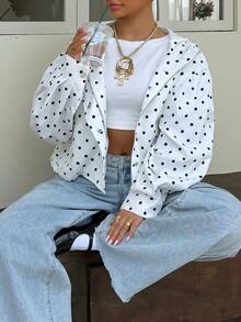 Muchica Plus Size Women's Polka Dot Print Long Sleeve Casual Hooded Jacket Fall - Multicolor - View 4
