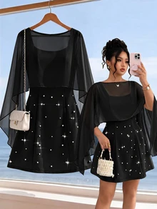 Elenzga Plus Size Women's Summer Shawl 2 In 1 White Pearl Decor Minimalist Elegant Dress Suitable For Date Birthday Party Photo - Black - View 1