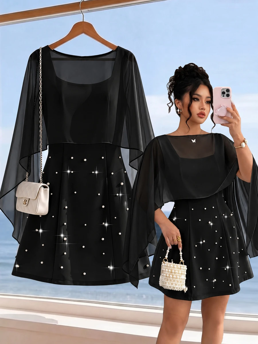 Elenzga Plus Size Women's Summer Shawl 2 In 1 White Pearl Decor Minimalist Elegant Dress Suitable For Date Birthday Party Photo - Black - View 1