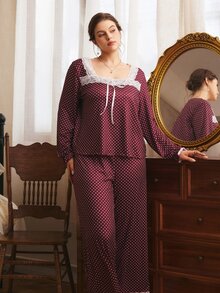 Côtesoire Plus Size French Romantic Polka Dot Print Contrast Color Lace Patchwork Long Sleeve Long Pants Pajama Set - Burgundy - View 3