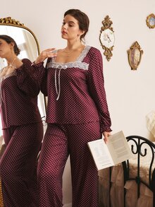 Côtesoire Plus Size French Romantic Polka Dot Print Contrast Color Lace Patchwork Long Sleeve Long Pants Pajama Set - Burgundy - View 4