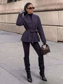 Firerie Cozy Women Winter Coat Designed With Vertical Quilted Patterns Long Sleeves And An Adjustable Waist Belt For Daily Wear Outfits - Purple - View 4