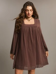 Freevana Plus Size Women Solid Color Ruched Square Neck Casual Daily Summer Long Sleeve Dress - Coffee Brown - View 4