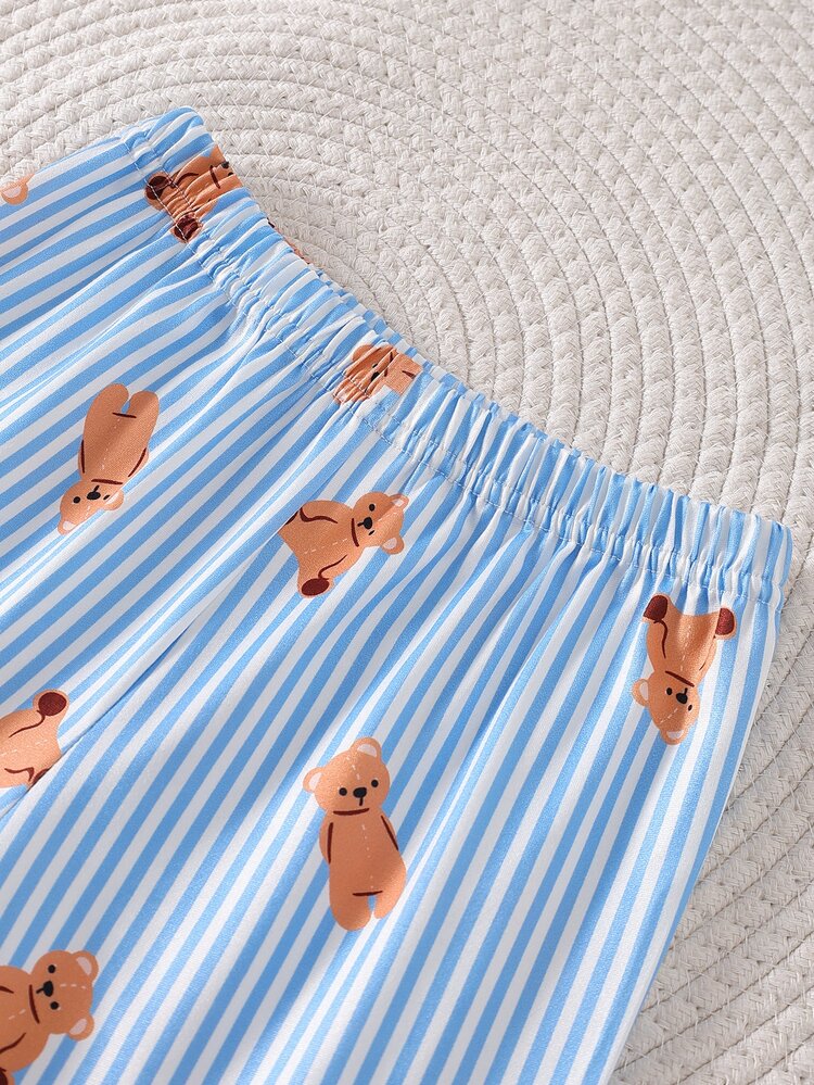 Boys' Simple Fashion Casual Daily Comfortable Soft Skin-Friendly Blue & White Striped Teddy Bear Cartoon Graffiti Print Knit Fabric Open Front Long Sleeve Top & Loose Long Pants Pajama Set, 2 Pieces Loungewear - Blue - View 8