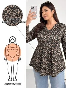 Shapeblank 女款大尺碼豹紋長袖娃娃衫 T-shirt，時尚休閒寬鬆彈性舒適，適合秋冬穿搭上衣 - 棕色 - 查看 1