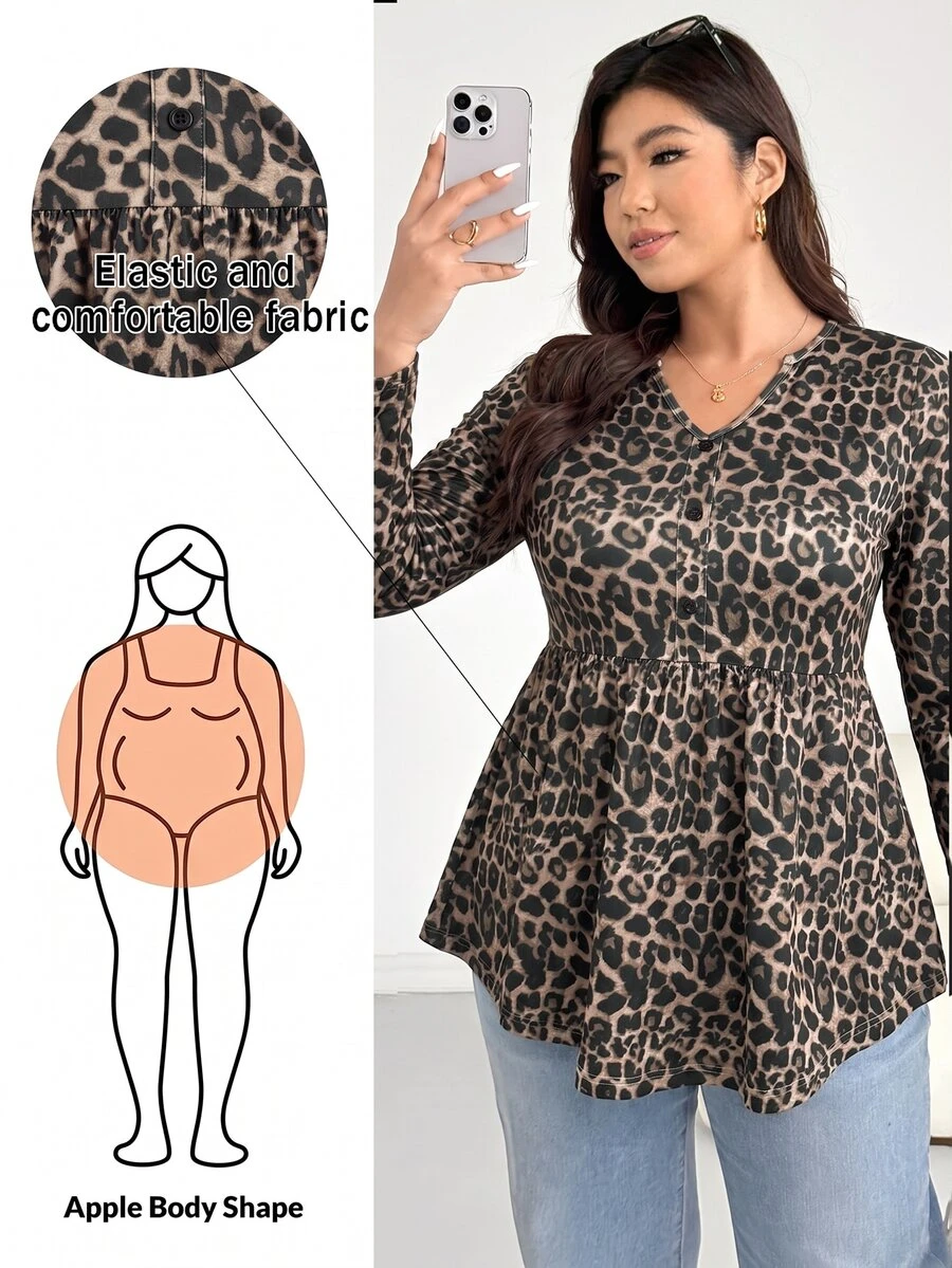 Shapeblank 女款大尺碼豹紋長袖娃娃衫 T-shirt,時尚休閒寬鬆彈性舒適,適合秋冬穿搭上衣 - 棕色 - 查看 1