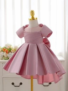 SHEIN Glamorique Kids Baby Girl Satin Train 3D Flower Back Bow Decor Party Princess Dress - Dusty Pink - View 5