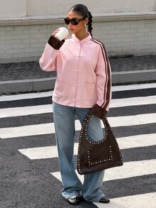 Muchica Women's New Autumn/Winter Pink Suede Velvet Button Decor Patchwork Ribbon New Chinese Style Jacket For Going Out, Streetwear, Y2K,Fall Clothes - Pink - View 4