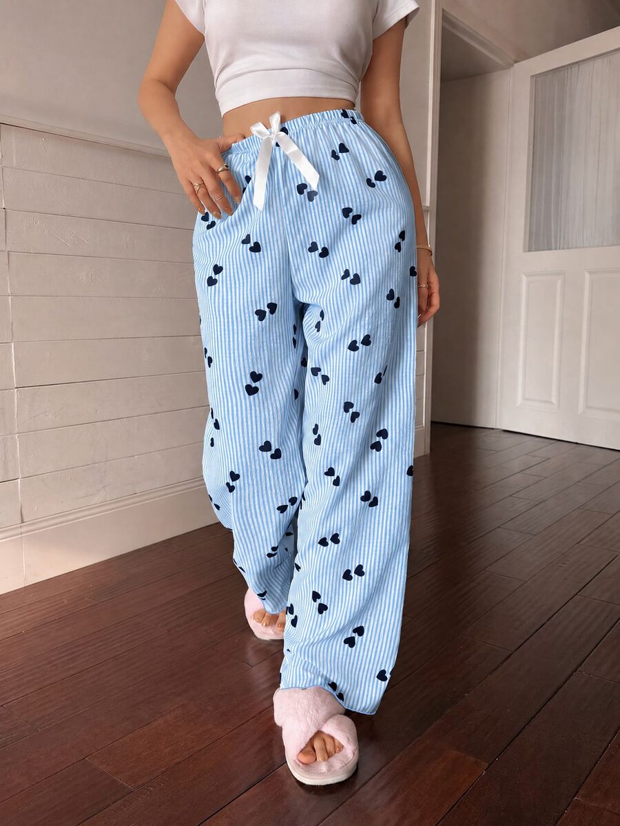 Napfluff Women's Striped Heart Print Bow Decor Waist Pajama Pants - Blue - View 1