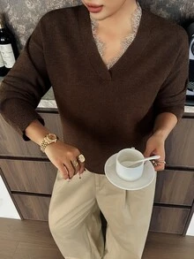 Dazy Plus V-Neck Contrast Lace Design Loose Fit Brown Vintage Sweater, New Autumn/Winter - Brown - View 1