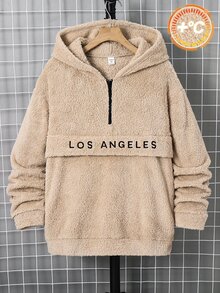 SHEIN 青少年男孩休閒字母刺繡半前開連帽抓絨衛衣，保暖適合秋冬返校季 - 卡其色 - 查看 1