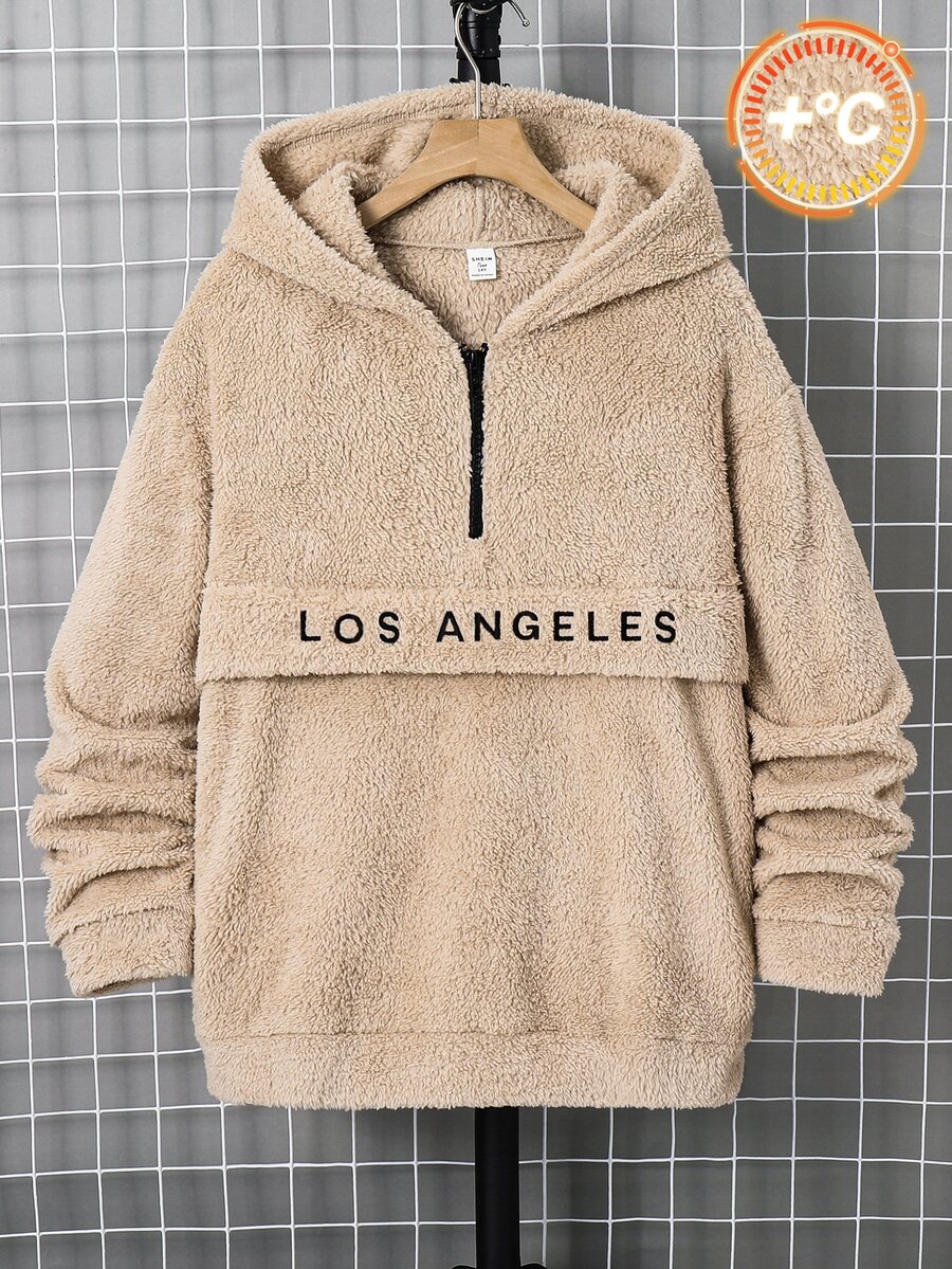 SHEIN 青少年男孩休閒字母刺繡半前開連帽抓絨衛衣,保暖適合秋冬返校季 - 卡其色 - 查看 1