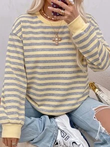 SHEIN EZwear 大尺碼女款條紋休閒百搭日常長袖T恤 秋季 - 彩色 - 查看 5