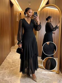 SHEIN Lady Women's Elegant Pleated Dress For Evening Party - Black - View 5