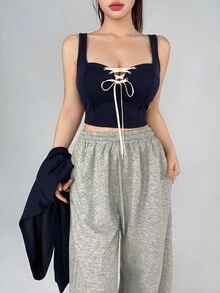 DAZY Set Atasan Wanita dengan Ikatan Depan dan Hoodie Lengan Panjang - Navy Blue - View 5