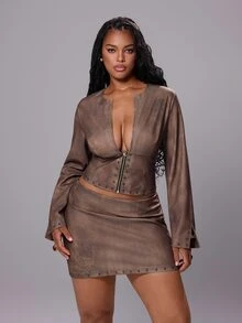 Rustia Personalized Street Style Faux Leather Distressed Heavy Studded Deep V-Neck Wild Sexy Mini Skirt Dark Punk Y2K Women's Early Autumn Bodycon Skirt 2 Pieces Set - Coffee Brown - View 5