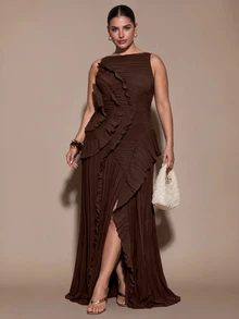 SHEIN BAE CURVE Plus Size Women Solid Color Pleated Slit Design Fashion Party Dress - Brown - View 3