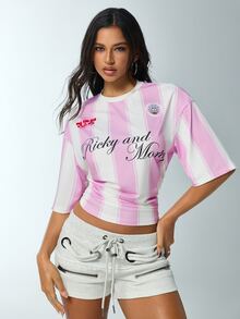 Rick and Morty X SHEIN Women's Letter Print Casual Daily Wear Top - Baby Pink - View 7