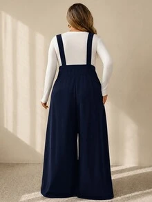 SHEIN CURVE+ جمبسوت نسائي مقاس كبير بلون موحد مع جيوب وتفاصيل مطوية، كاجوال للاستخدام اليومي، بساق واسعة، للخريف - أزرق بحري - مشاهدة 2