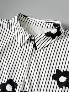 Linhara CURVE Plus Size Women's Autumn Casual Shirt With Lapel Collar, Raglan Sleeves, Striped Floral Print, For Daily Wear And Vacation - Black and White - View 5