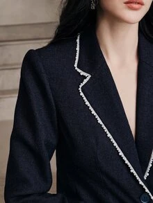 Anewsta Women's New Elegant Retro Modern Commuter Casual Daily Versatile Pearl Decorated Long Sleeve Blazer - Navy Blue - View 2