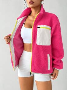 Exploreva Exploreva Women's Colorblock Zipper Casual Versatile Daily Travel Sports Jacket - Red and White - View 5