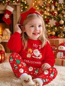 聖誕快樂 女嬰休閒可愛卡通聖誕老人、馴鹿、雪人、薑餅人圖案 聖誕紅節慶抓絨內裡加厚圓領長袖運動衫與內搭褲套裝，適合秋冬，秋季風格，秋季穿搭，舒適保暖 - 彩色 - 查看 1