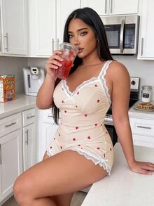 ZzzCrew Plus Size Colorblock Lace Backless Cherry Print Cami Jumpsuit Pajamas - Apricot - View 2