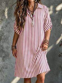 SHEIN Tall CURVE 大尺碼女款法式休閒夏季短袖V領長版洋裝 - 紅白色 - 查看 6
