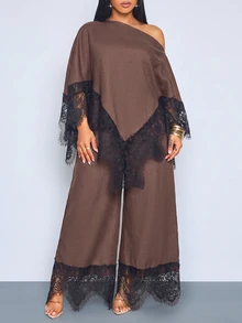 SOLERSUN Plus Size Women's Lace Patchwork Asymmetric Shoulder Top And Pants Casual Elegant Daily 2 Pieces Set Fall Brunch Party Brown - Coffee Brown - View 7