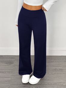 SHEIN PETITE 2pcs Women's Casual Minimalist High Waist Folded Wide Leg Straight Long Pants Suitable For Summer - Multicolor - View 10