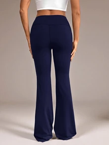 SHEIN Tall Women's Solid Color Slim Fit Versatile Daily Wear Flare Pants - Navy Blue - View 9