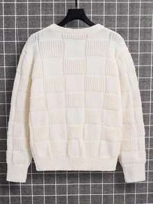 SHEIN 青少年男孩休閒米色純色格紋套頭毛衣，聖誕節，適合秋冬/冬季，學校，家庭聚會，返校，運動，玩耍，生日派對，拍照，度假，節日 - 米色 - 查看 4