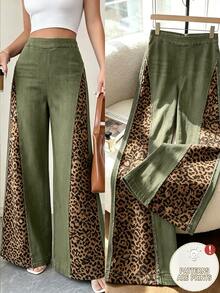 SHEIN Holidaya Women's American Retro Leopard Print Frayed Patchwork High Waist Wide Leg Denim Effect Jeans, Design-Driven Washed Green Slimming Casual Long Pants - Green - View 3