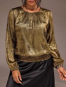 Freevana Gold Metallic Smocked Hem Blouse With Balloon Sleeves And Gathered Crew Neck, Shimmery Party Top - Gold - View 1