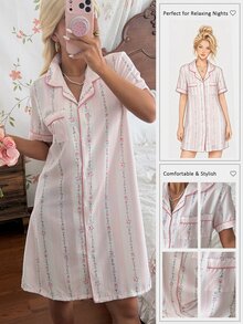 CottageSlumber Women's Romantic Ditsy Floral Short Sleeve Lapel Nightgown - Multicolor - View 2