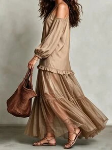 Omancia Women's Khaki Cold Shoulder Chiffon Dress, V Neck Spaghetti Strap Lantern Sleeve, Ruffle Tiered Hem, Flowy Soft Boho Vacation Fall Dress - Khaki - View 5