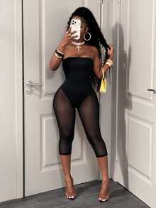 BamGleam Black Strapless Lace Sheer Mesh Jacquard Fitted Slimming Mid-Length Bodysuit For Women - Black - View 5