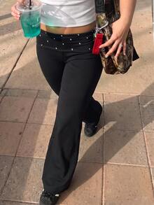 Muchica Plus Size Women's Rhinestone Embellished Casual Daily Wear Long Pants - Black - View 3