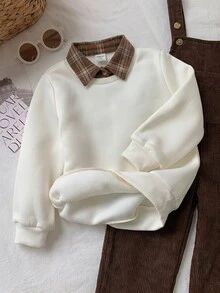 SHEIN 兒童小男孩/小女孩 2件組秋冬休閒時尚運動衫套裝，POLO領運動衫搭配綠色燈芯絨吊帶褲套裝，小男孩秋冬服飾套裝，Squishy - 卡其色 - 查看 7