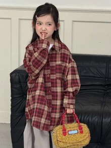 DAZY Tween Girl) Plaid Casual Long Sleeve Loose Fit Autumn/Winter Shirt - Red - View 5