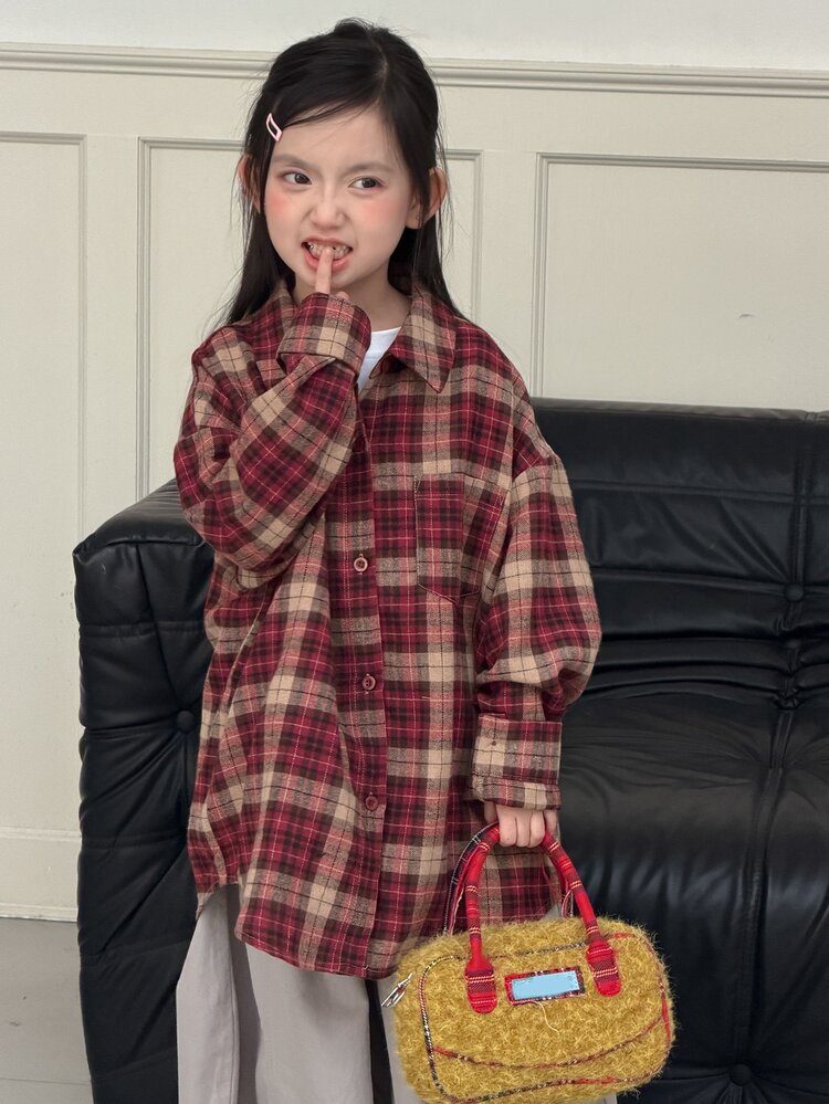 DAZY Tween女孩 格紋休閒長袖寬鬆版型秋冬襯衫 - 紅色 - 查看 5