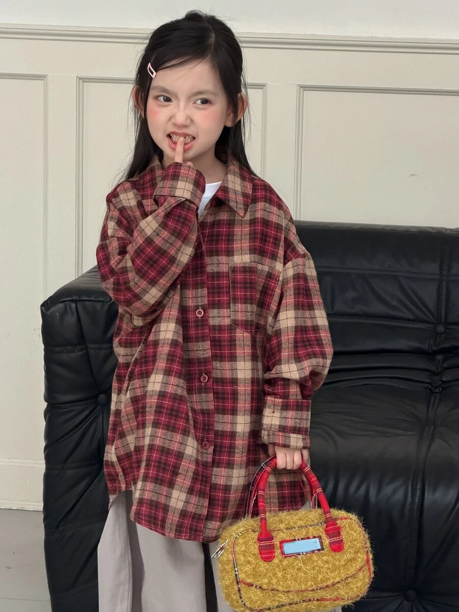 DAZY Tween Girl) Plaid Casual Long Sleeve Loose Fit Autumn/Winter Shirt - Red - View 1