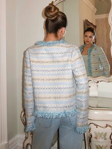 Glamine Charm Women's Colorblock Casual Elegant Versatile Overcoat High Tea Night Blue Striped Fall - Blue - View 3